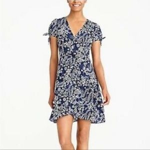 J Crew Blue White Floral Print Faux Wrap Dress